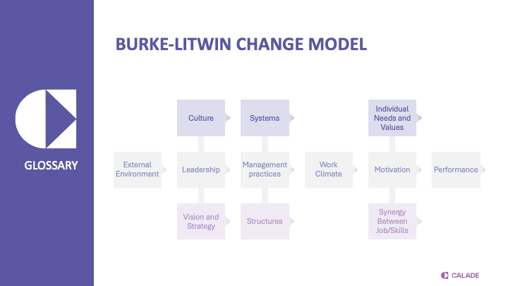 Burke-Litwin model: how external environment, leadership, culture, vision and strategy, structures, systems and motivation link to performance