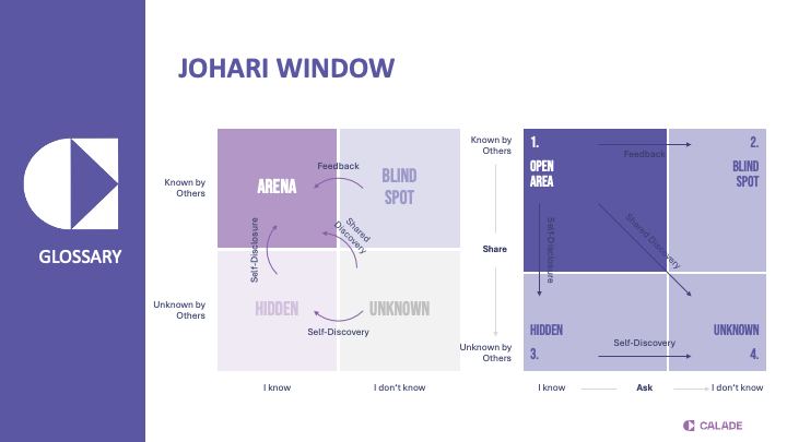 Johari window with the four areas open area, blind spot, hidden area and unknown area